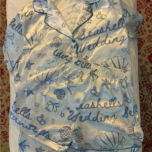 Bridal Pajama Set Seashells Wedding Bells Blue Satin PJ Set Medium